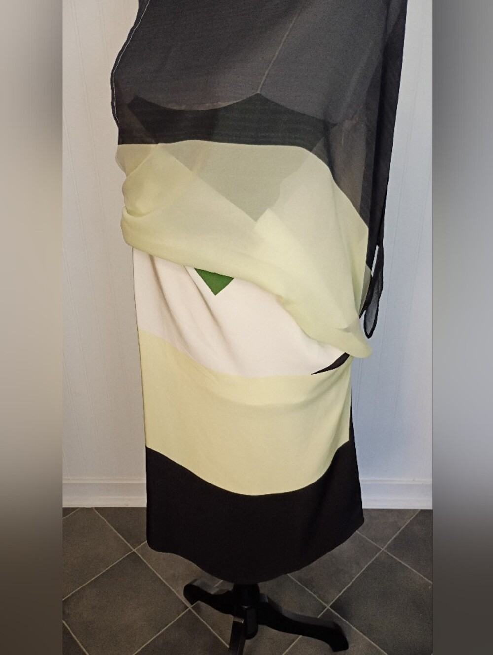 Tibi Pieza Draped Silk Slip Dress Colorblock Green Yellow Black Size 10 - Picture 12 of 15